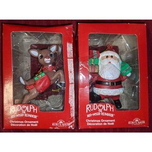 Kurt Adler Rudolph the red nosed reindeer and Santa Christmas ornaments